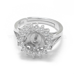 Verstellbare 925 Fingerring-Komponenten aus Sterlingsilber, für die Hälfte gebohrt Perlen, mit Zirkonia, Transparent, Platin Farbe, Größe 6, 16 mm, Stift: 0.7 mm