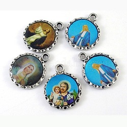 Mixed Color Flat Round Antique Silver Plated Alloy Portrait Pendants, Lead Free and Cadmium Free, 22mm long, 18mm wide, 4mm thick, hole: 2mm