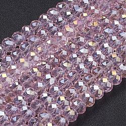 Electroplate Glass Beads Strands, AB Color Plated, Faceted, Rondelle, Pink, 10x7mm, Hole: 1.4mm, about 65~67pcs/strand
