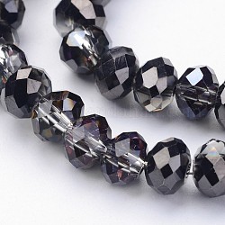 Fili di perline in vetro placcato sfaccettato mezzo rondella, nero placcato, 6x4mm, Foro: 1 mm, circa 85pcs/filo, 16 pollice