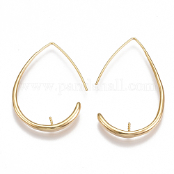 Brass Earring Hooks, For Half Drilled Beads, Nickel Free, Real 18K Gold Plated, 37~42x26x3mm, 20 Gauge, Pin: 0.8mm