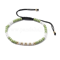 Verstellbare Nylonschnur geflochtenen Perlen Armbänder, mit Glasperlen und Messingperlen, grün gelb, Innendurchmesser: 2-3/8~3-3/4 Zoll (5.9~9.4 cm)