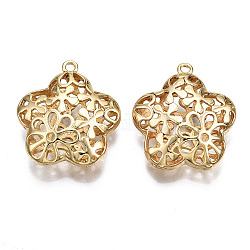 Brass Pendants, Hollow, Nickel Free, Flower, Real 18K Gold Plated, 27x24x9mm, Hole: 1.8mm