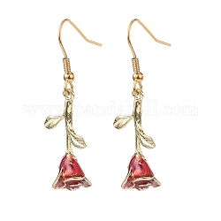 Boucles d'oreilles pendantes rose de vie en émail, bijoux en acier inoxydable plaqué or 304 pour femme, firebrick, 44mm, pin: 0.8 mm