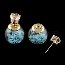 Boucles d'oreilles boule en verre double face fille, avec des perles de paillette étoile à l'intérieur, strass et les repères de fer d'or, lumière bleu ciel, 16mm, 8mm, pin: 0.7 mm
