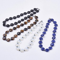Colliers naturels et synthétiques en perles mélangées, avec perles d'hématite synthétiques non magnétiques et fermoirs de pinces de homard en laiton plaqué platine, plat rond, 16.9 pouce (43 cm)