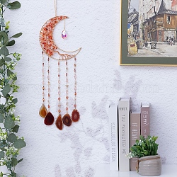 Wire Wrapped Natural Carnelian Chip Moon with Tree of Life Hanging Suncatchers, with Natural Agate Piece and Glass Charm for Home Wall Decorations, Golden, 580x180mm
