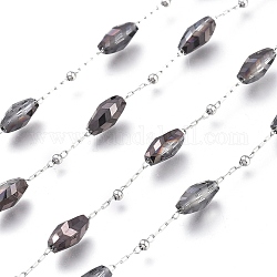 3.28 Fuß facettierte Glasperlenketten mit Chevron-Muster, 304 Edelstahl-Kabelketten, mit runden Perlen & Spule, ungeschweißte, Edelstahl Farbe, Farbig, Link: 2x0.8x0.2 und 2x1.1x0.2 mm, Perle: 9x4.5x4.5 mm