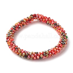 Bracelet extensible tressé en perles de verre bling, bracelet népal en perles de verre au crochet pour femme, rouge, diamètre intérieur: 1-7/8 pouce (4.8 cm)