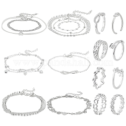 ANATTASOUL 17Pcs 17 Style Heart & Leaf & Flower & Infinity Jewelry Set, Alloy Chains & Imitation Pearl Anklet & Brass Open Cuff Toe Rings for Women, Platinum, Anklet: 205~475mm, Ring: 13~15.5mm Inner Diameter