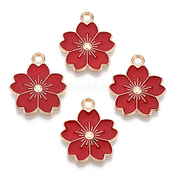 Emaille Anhänger Legierung, Sakura Blume, Licht Gold, rot, 20.5x17.5x1.5 mm, Bohrung: 2 mm