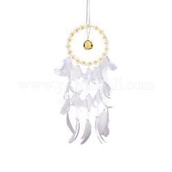 Woven Web/Net with Feather Pendant Decorations, Glass Teardrop Charm for Home Outdoor Garden Hanging Decorations, White, 600x160mm