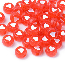 Transparente Acryl Perlen, flach rund mit weißem Herzen, rot, 7x3.5 mm, Bohrung: 1.8 mm, ca. 370 Stk. / 50 g