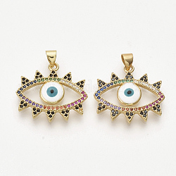 Golden Plated Brass Micro Pave Cubic Zirconia Pendants, with Enamel, Evil Eye, Colorful, 22x23.5x2.5mm, Hole: 3x4mm