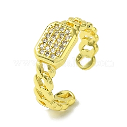 Brass Micro Pave Cubic Zirconia Open Cuff Rings, Rectangle, Real 16K Gold Plated, US Size 7 1/4(17.5mm)