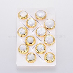 Natural Pearl Stud Earrings, with Brass Findings, Brass Ear Nuts, Earring Backs, with Plastic, Flat Round, White, Golden, 20~22x6.5~8mm, Pin: 0.8mm