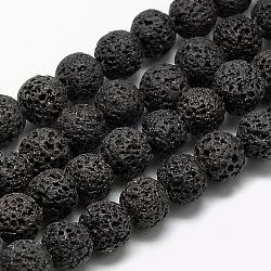 Brins de perles de pierre de lave naturelle, teinte, ronde, noir, 8~9mm, Trou: 1mm, Environ 46~48 pcs/chapelet, 15.1 pouce