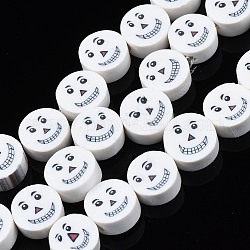 Chapelets de perle en pâte polymère manuel, style d'halloween, plat rond avec un visage souriant, blanc, 9~10x4mm, Trou: 1.5mm, Environ 40 pcs/chapelet, 14.17 pouce (36 cm)