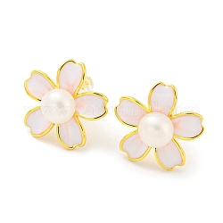 Boucles d'oreilles fleur en laiton avec perle naturelle, avec 925 épingle en argent sterling, véritable 18k plaqué or, 15x15.5mm