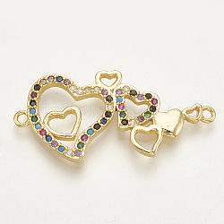Brass Micro Pave Cubic Zirconia Links, Heart To Heart, Colorful, Golden, 15.5x33x2.5mm, Hole: 1.5mm