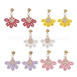Glass Seed Braided Flower Dangle Stud Earrings, 304 Stainless Steel Jewelry for Women, Mixed Color, 25~26mm, Pin: 0.8mm