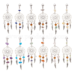 24Pcs 12 Colors Woven Net/Web with Wing Tibetan Style Alloy Pendant Decorations, with Gemstone Chip & Wood Beads, 94mm, 2pcs/color