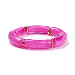 Bracelets extensibles en perles de tube acrylique, avec des perles en laiton, rose chaud, diamètre intérieur: 2-1/8 pouce (5.5 cm)
