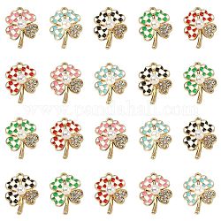 25Pcs 5 Colors Alloy Enamel Pendants, with Rhinestone and ABS Plastic Imitation Pearl Beads, Clover with Tartan Pattern, Mixed Color, 21x16x6mm, Hole: 1.8mm, 5pcs/color