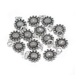 Thai 925 Sterling Silber Charms, mit Sprungring, Sonnenblume, Antik Silber Farbe, 14x11x2.5 mm, Bohrung: 4 mm