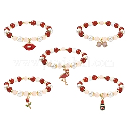 Bracelet extensible en perles rondes mélangées naturelles et synthétiques, Bracelet à breloques en alliage sur le thème de la Saint-Valentin, formes mixtes, diamètre intérieur: 2-1/4 pouce (5.8 cm)