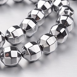Electroplate Non-magnetic Synthetic Hematite Bead Strands, Faceted, Round, Silver Plated, 10x10mm, Hole: 1mm, about 40pcs/strand, 15.7 inch