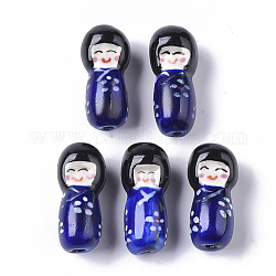 Manuell Porzellan Perlen, famille rose-Stil, japanische Kokeshi Puppenform, dunkelblau, 25.5~27.5x11.5~12.5x11.5~12.5 mm, Bohrung: 1.6~2 mm
