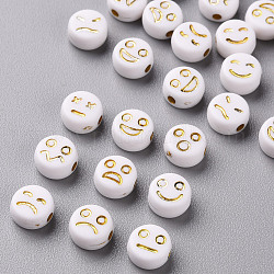 Opaque White Acrylic Beads, Metal Enlaced, Flat Round with Expression, Golden Plated, 7x4mm, Hole: 1.6mm, about 3650pcs/500g