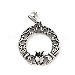 304 Stainless Steel Trinity Claddagh Crown Heart Pendants, Antique Silver, 34.5x31.5x4mm, Hole: 7x4mm
