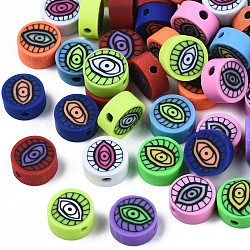 Handmade Polymer Clay Beads,  Flat Round, Mixed Color, 9~10x4~5mm, Hole: 1.8mm