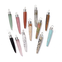Natural Gemstone Brass Pendants, Cadmium Free & Lead Free, Bullet Shaped, Silver Color Plated, 33~37x4~5mm, Hole: 2mm