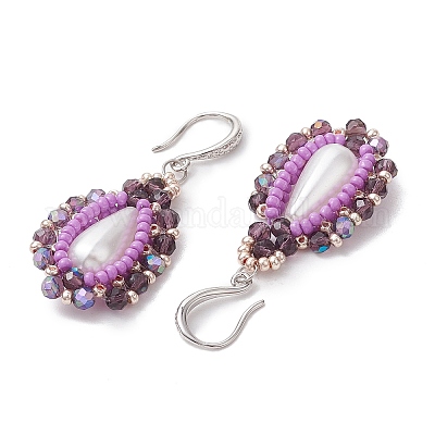 Серьги-подвески из искусственного акрилового жемчуга и стекла EJEW-MZ00390-1