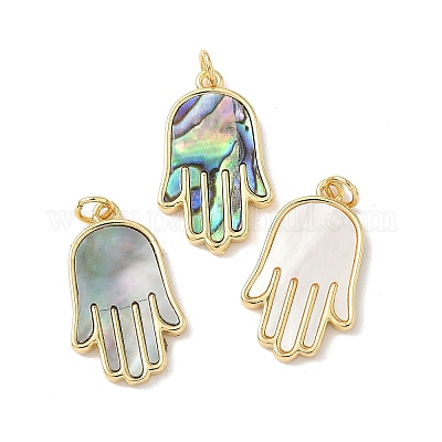 Подвески на руку из латуни с натуральными смешанными ракушками хамса KK-L239-063G-1