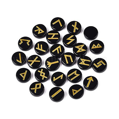 Латунь старший футарк алфавит выгравированный символ плоский круглый натуральный обсидиан рунические камни G-I373-01H-1