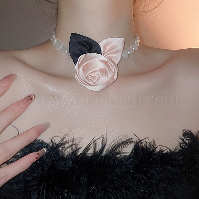 Ожерелья-чокеры из пластиковых бусин с розовой тканью и жемчугом FS-WGC088F-02-1