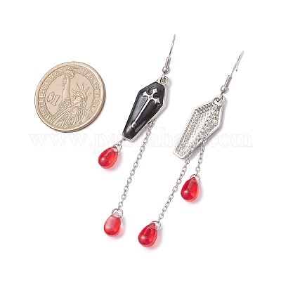 Гроб из эмалевого сплава с подвесными серьгами в форме слезы EJEW-JE06577-02-1