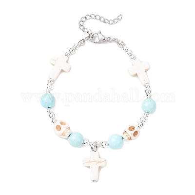 Браслеты с подвесками в виде черепа из латуни с синтетической бирюзой BJEW-JB12192-02-1