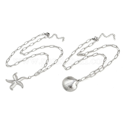 Двухслойные ожерелья в стиле бохо из нержавеющей стали 304 в форме морской звезды и ракушки для женщин NJEW-F343-01P-1