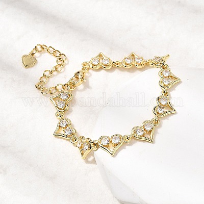 Браслеты-цепочки из латуни с микропаве из кубических цирконий в форме сердца BJEW-L715-01G-01-1