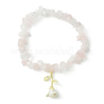 Bracelets extensibles en perles de quartz rose naturel avec breloques roses en alliage d'émail BJEW-JB09561-02-1