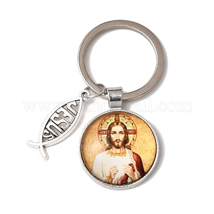 Ich liebe Jesus-Symbol-Schlüsselanhänger aus Glas mit Jesus-Fisch-Anhänger aus Legierung KEYC-G058-01E-1