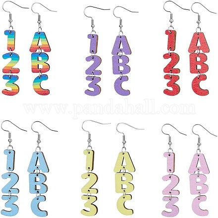 6 комплект двухцветных деревянных сережек-подвесок с железными штифтами EJEW-FI0003-27-1