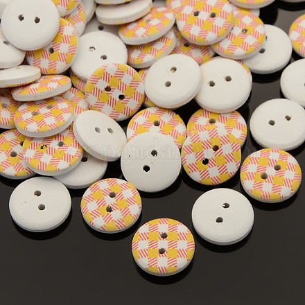 2-Hole Flat Round Tartan Pattern Printed Wooden Sewing Buttons BUTT-M006-13mm-04-1
