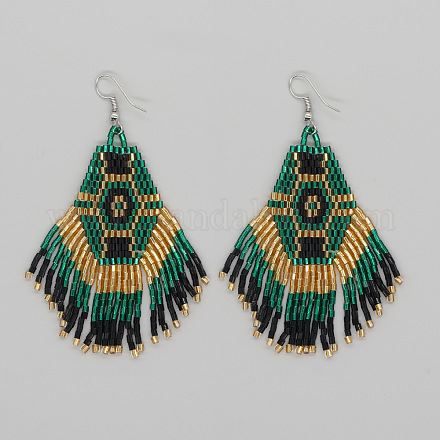 Серьги-подвески с кисточками из стеклянного бисера в китайском стиле ручной работы с шестигранным узором MW1282-7-1