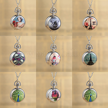 Flat Round Alloy Printed Glass Pocket Watch Pendant Necklaces WACH-H017-01-1
